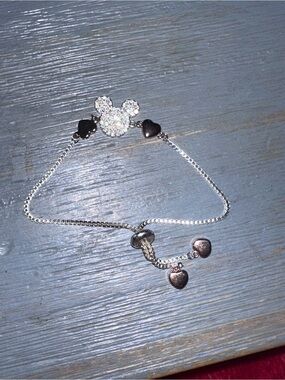 Silver-Tone Cubic Zirconia Mickey Mouse & Heart Adjustable Bracelet